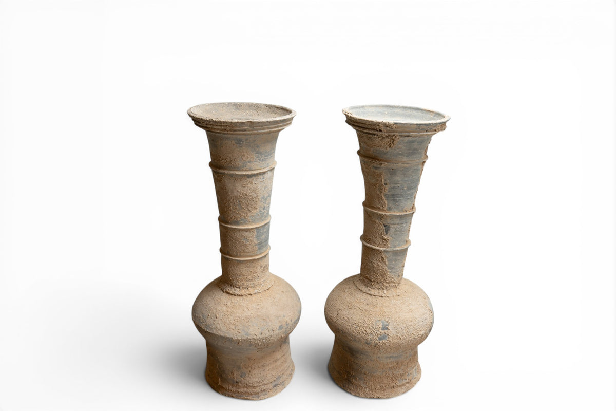 A Pair of Gray Pottery Long-Neck Vases
