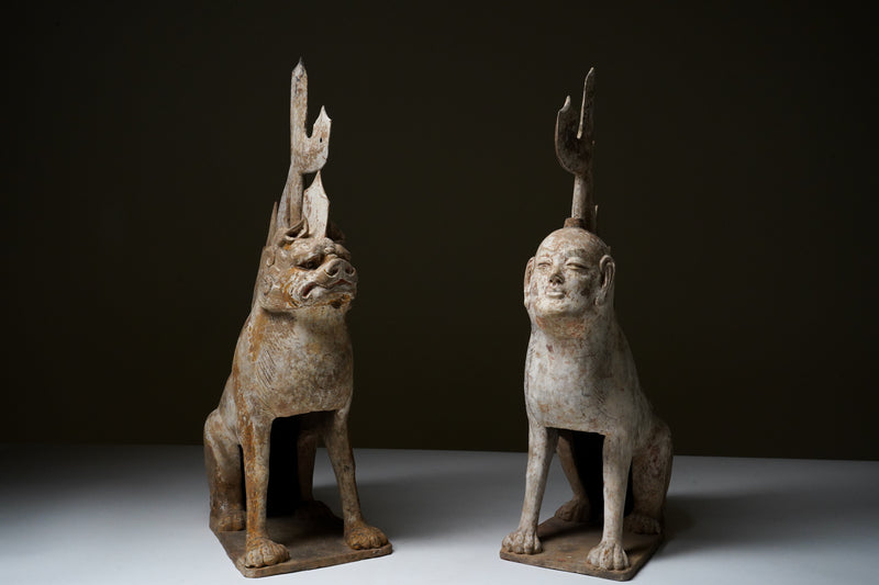 A Pair of Tang Dynasty (618-907 CE) Pottery Earth Spirit Figures