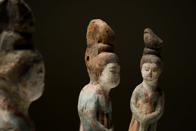 A Set of 4 Tang Dynasty (618-907AD) Unglazed Pottery Court Ladies
