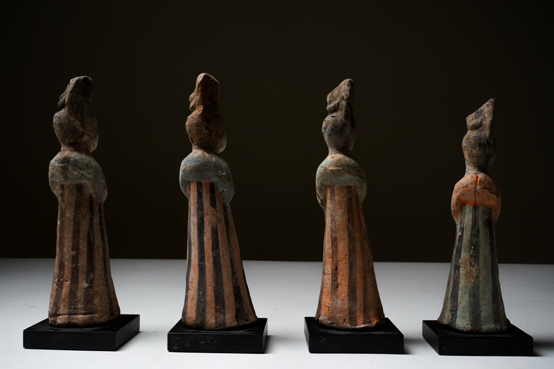 A Set of 4 Tang Dynasty (618-907AD) Unglazed Pottery Court Ladies