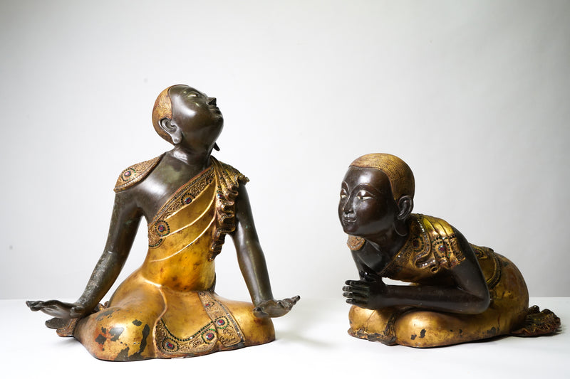 Pair of Patinated Gilt Bronze Buddhist Apostles