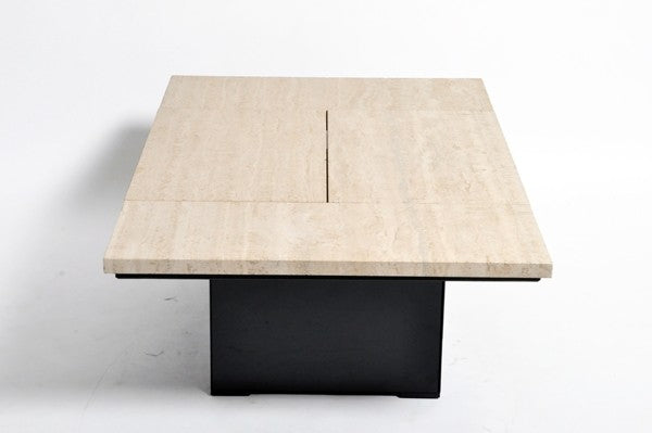 French Coffee Table with Movable Travertine Marble Top and Metal Base by Paul Michel | c. 1970