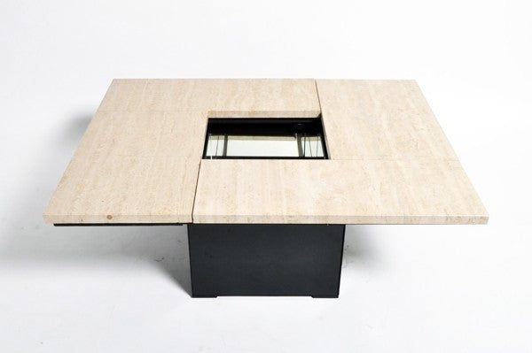 French Coffee Table with Movable Travertine Marble Top and Metal Base by Paul Michel | c. 1970