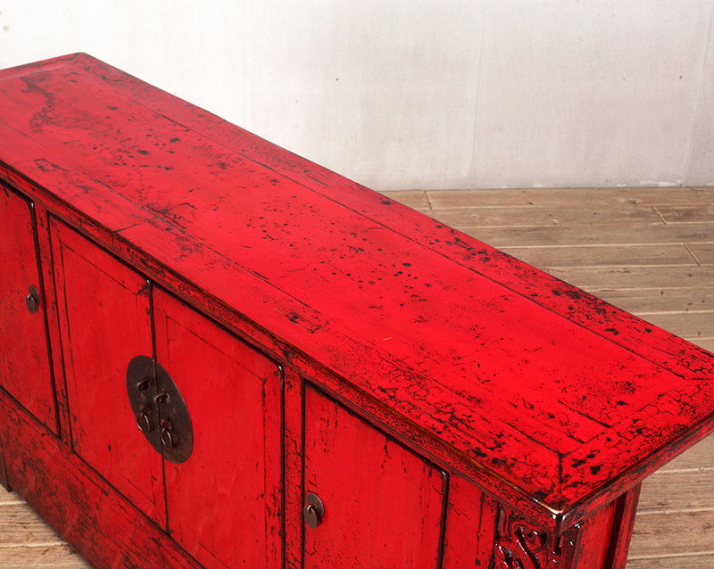 Chinese Red-Lacquered Cabinet with Four Doors and Restoration