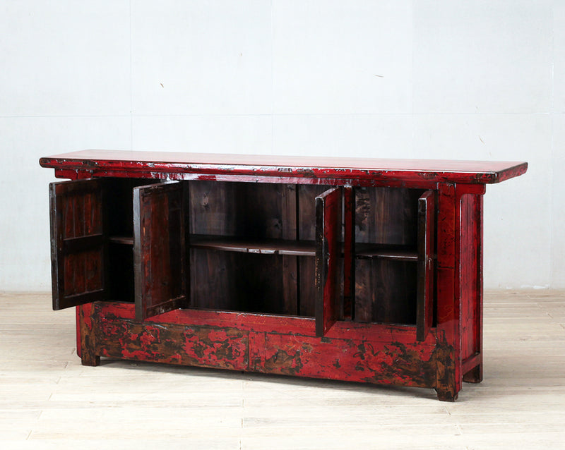Chinese Red-Lacquered Sideboard with Four Doors and Restoration