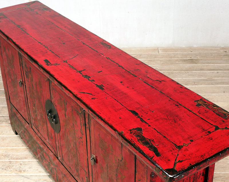 Chinese Red-Lacquered Sideboard with Four Doors and Restoration