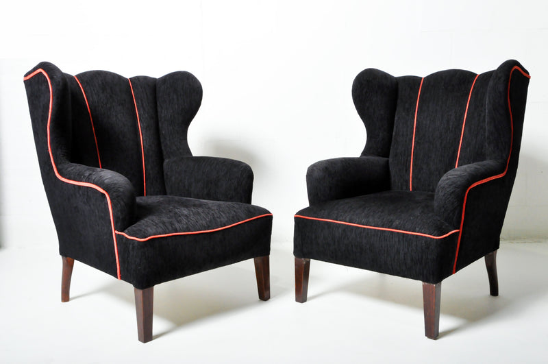 Pair of Wingback Chairs With Grey Upholstery