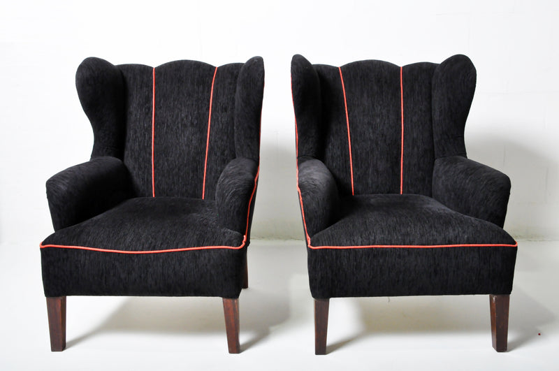 Pair of Wingback Chairs With Grey Upholstery