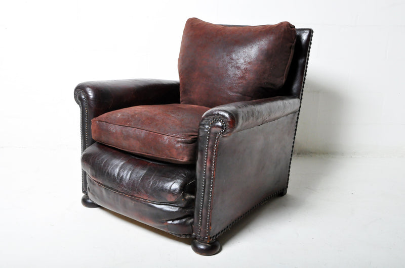 A French Leather Club Chair With New Fabric Seat