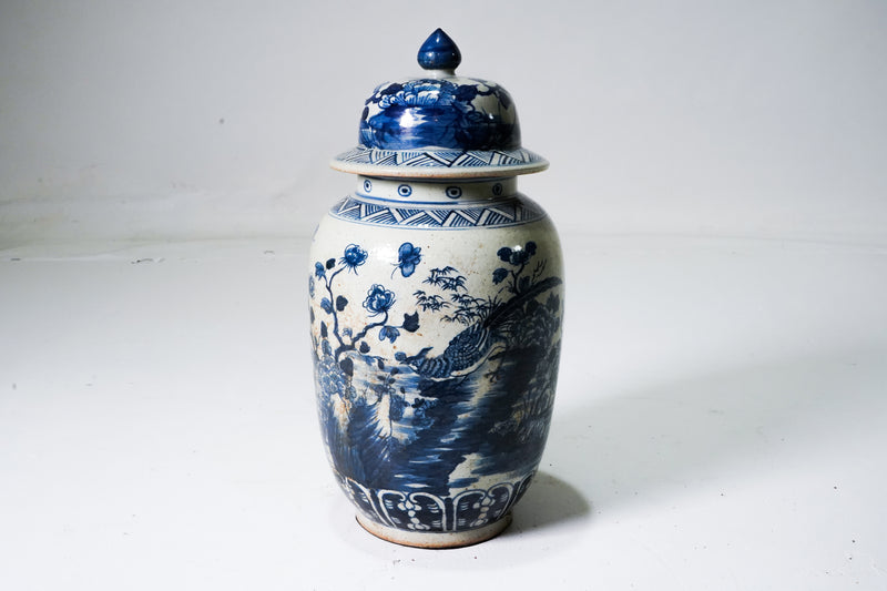 Blue and White Ceramic Pot With Lid
