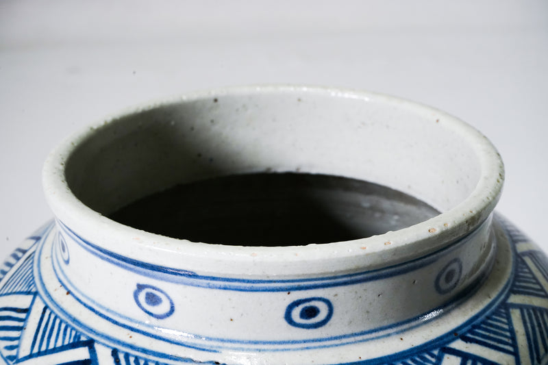 Blue and White Ceramic Pot With Lid
