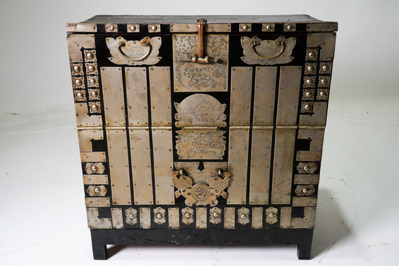Korean Wedding Chest With White Brass Hardware
