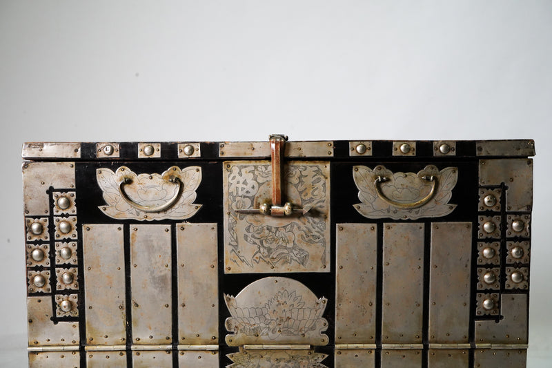 Korean Wedding Chest With White Brass Hardware