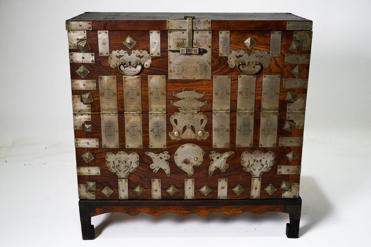 Korean Wedding Chest With White Brass Hardware