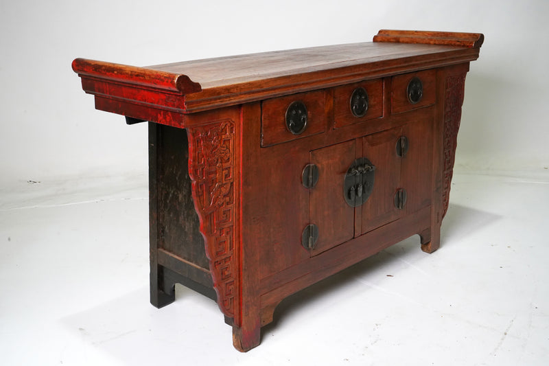A 3-Drawer Side Chest With Carved Spandrels and Original Lacquer