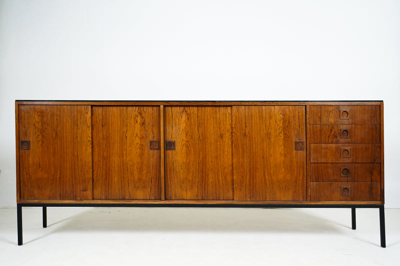 A Danish Walnut Sideboard with Four Doors and Metal Legs