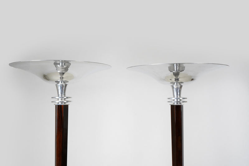 A Pair of Art Deco Torchiers in Walnut and Nickel