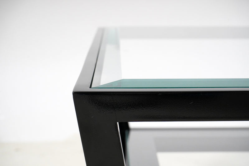 A Square Coffee Table with Glass Top Black Wood Frame