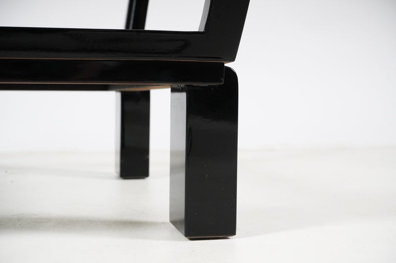 A Square Coffee Table with Glass Top Black Wood Frame