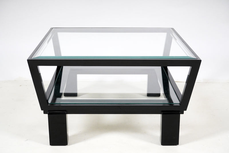 A Square Coffee Table with Glass Top Black Wood Frame