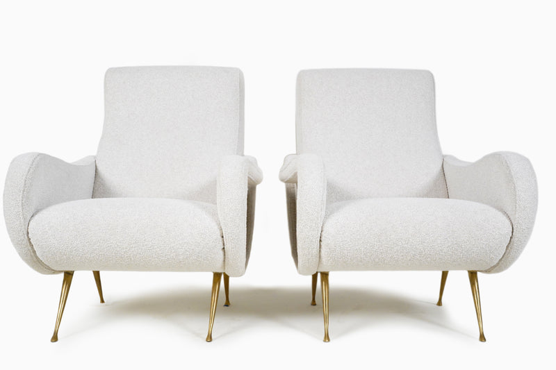 A Pair of Vintage Mid Century Armchairs With Brass Legs and Boucle Upholstery