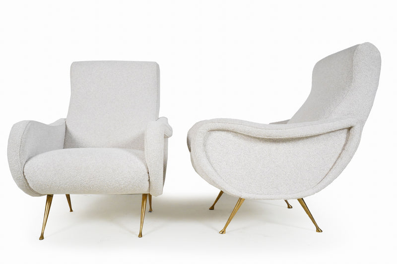 A Pair of Vintage Mid Century Armchairs With Brass Legs and Boucle Upholstery