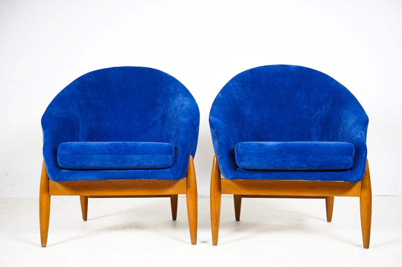 A Pair of Round Back Armchairs With Solid Beechwood Legs