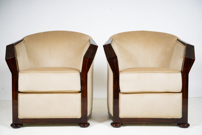 A Pair of Art Deco Style Arm Chairs With Walnut Veneers