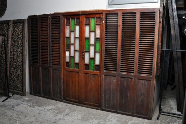 British Colonial Veranda Louver Doors with Green and White Glass