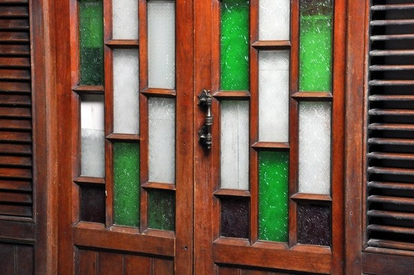 British Colonial Veranda Louver Doors with Green and White Glass