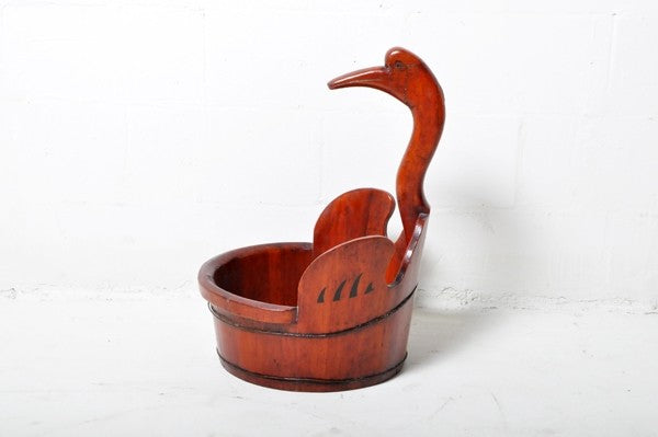 A Chinese Wooden Basket with a Bird Neck Handle